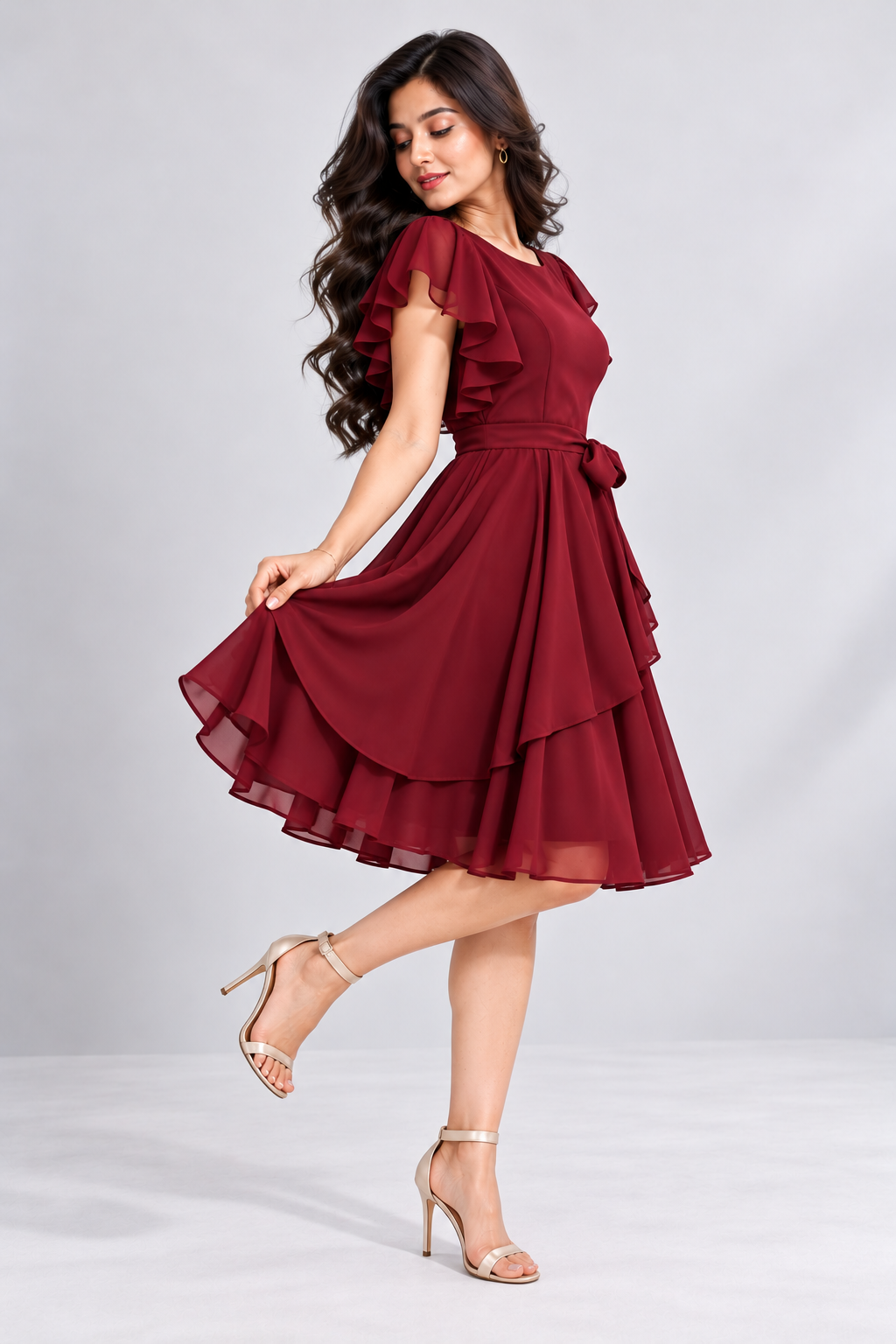 Elara Elegant 1-Piece Women’s Tiered Flare A-Line Midi Dress (Wine Color)