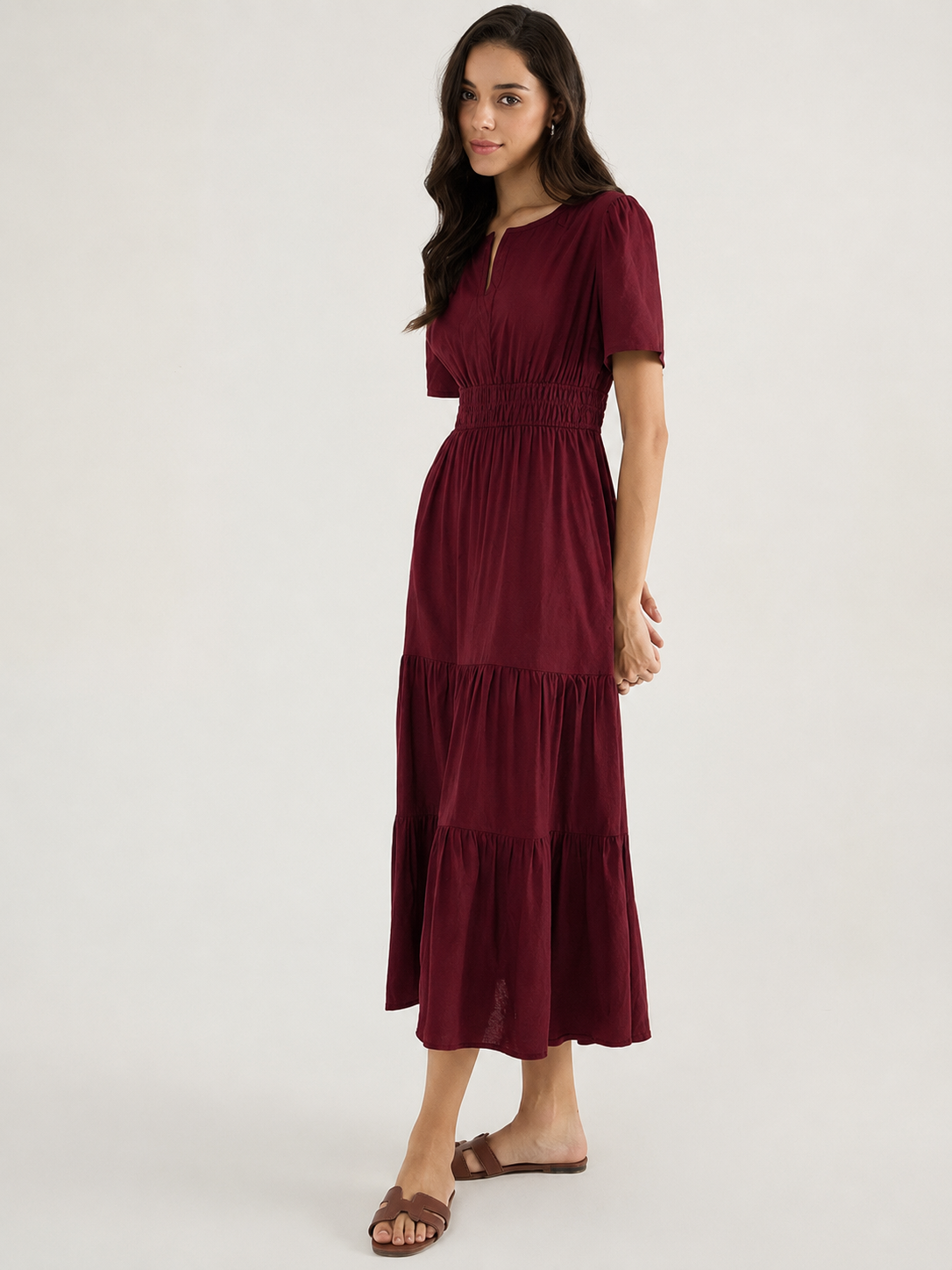 Aurelia Wine Burgundy Tiered Flare Midi Dress