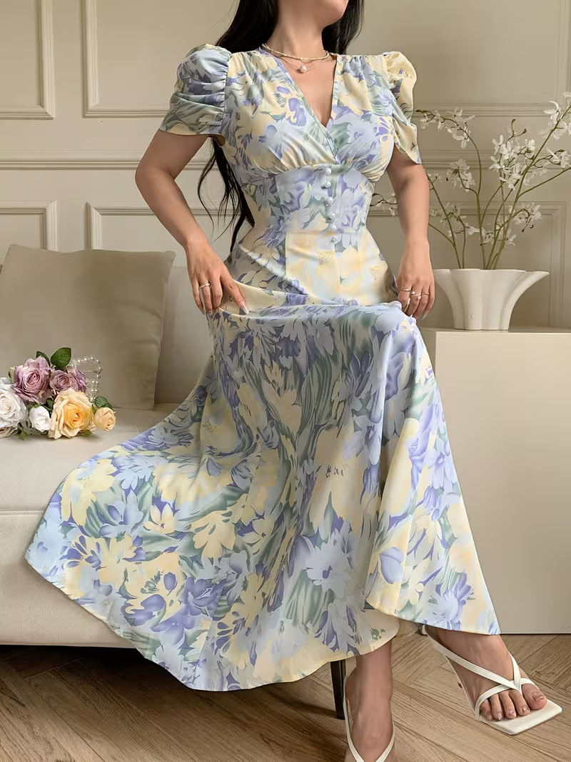 Elara Women's Blue Floral V-Neck Puff Sleeve A-Line Maxi Dress