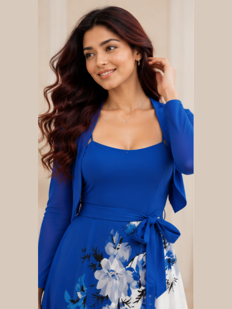 Elara Elegant 2-Piece Women’s Royal Blue Cardigan Jacket & Floral Suspender Dress Set
