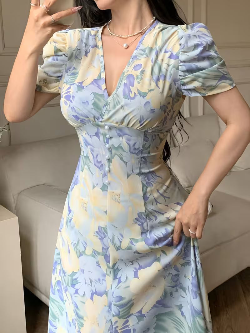 Elara Women's Blue Floral V-Neck Puff Sleeve A-Line Maxi Dress