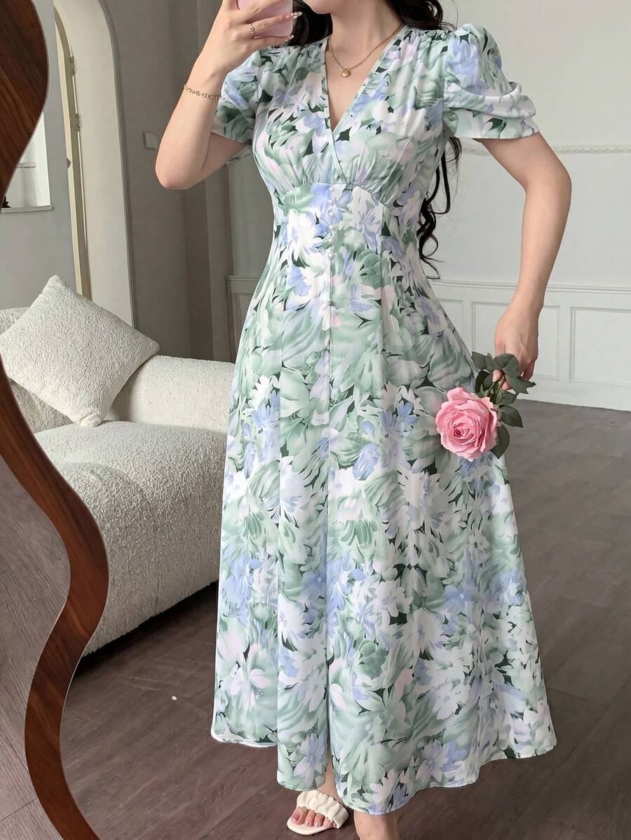 Elara Women's Green Floral V-Neck Puff Sleeve A-Line Maxi Dress