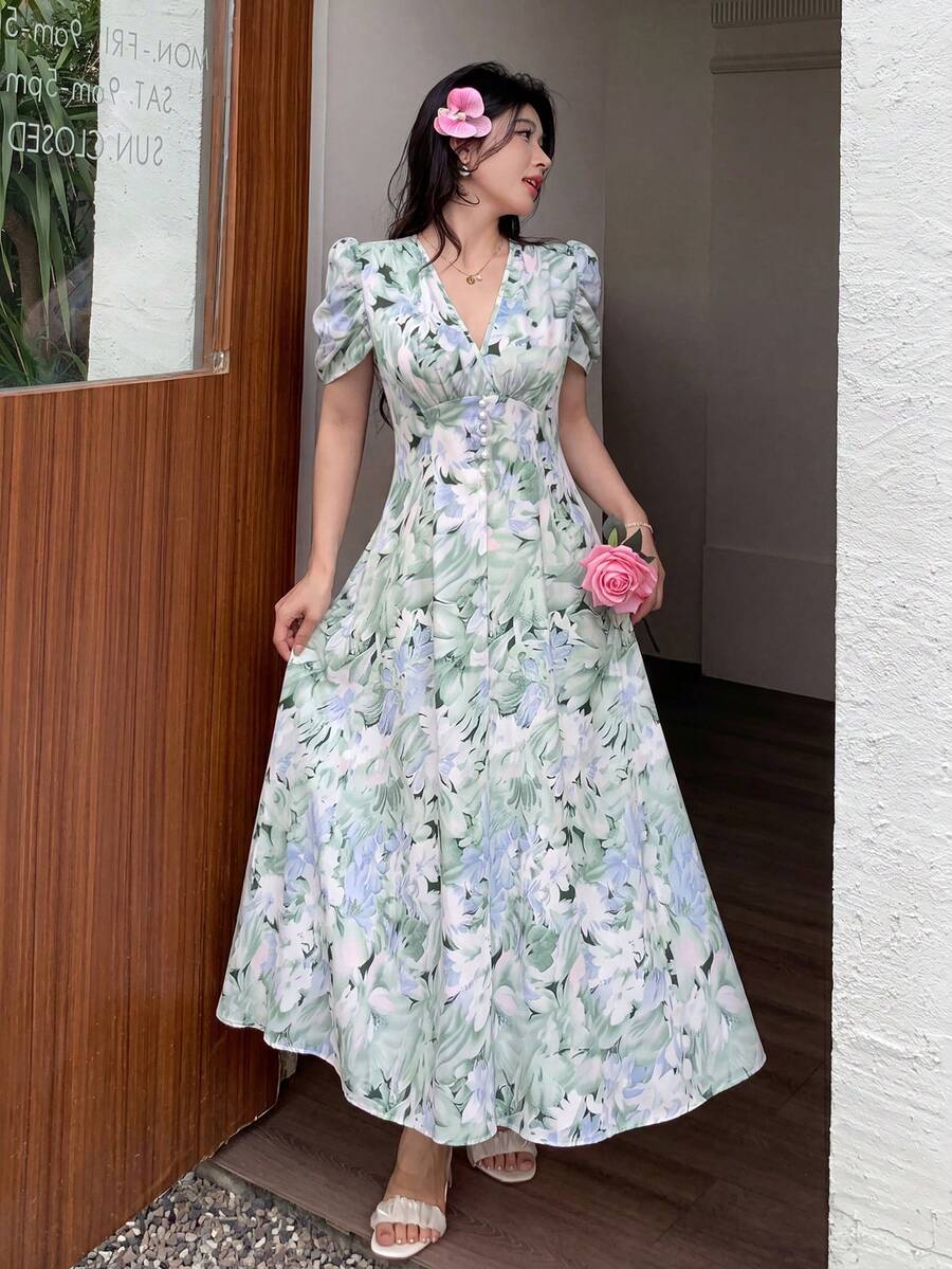 Elara Women's Green Floral V-Neck Puff Sleeve A-Line Maxi Dress