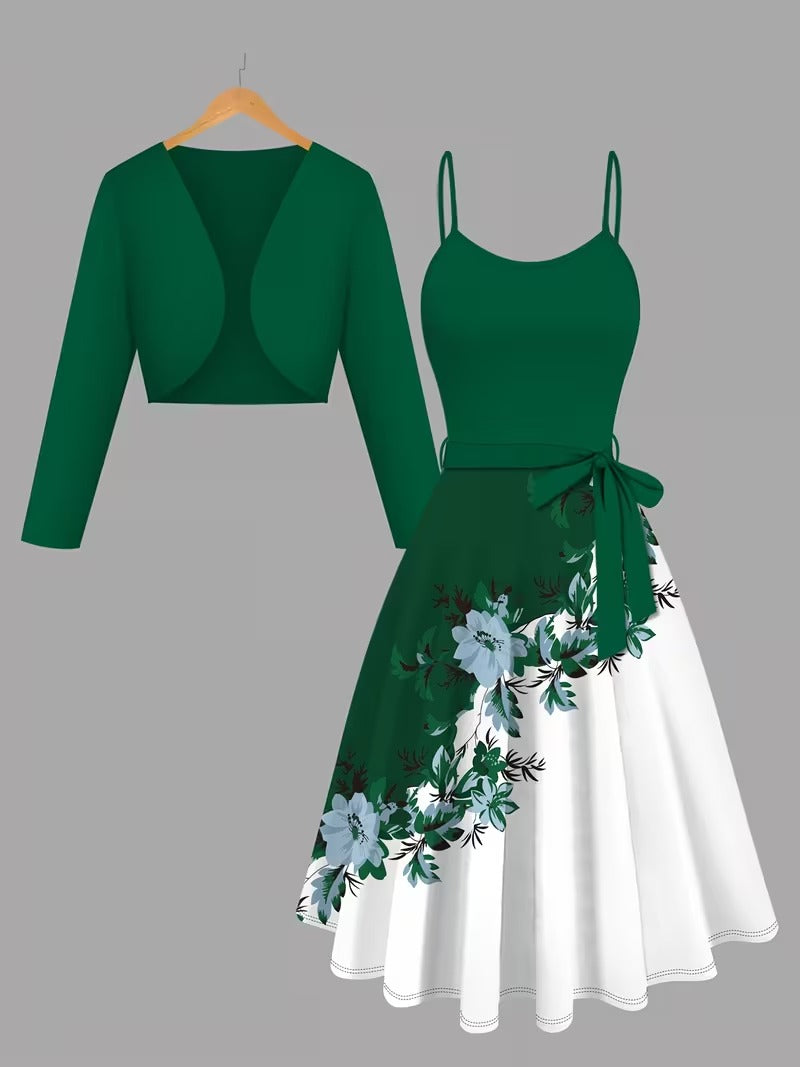 Elara Elegant 2-Piece Women’s Royal Green Cardigan Jacket & Floral Suspender Dress Set