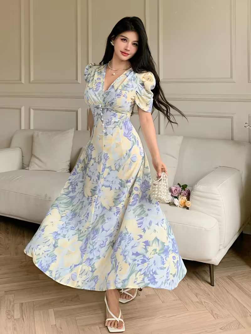 Elara Women's Blue Floral V-Neck Puff Sleeve A-Line Maxi Dress