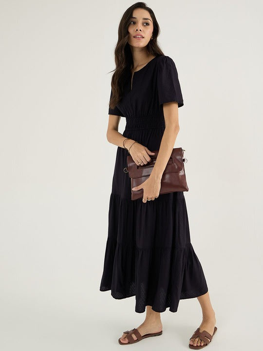 Aurelia Classic Black Tiered Flare Midi Dress