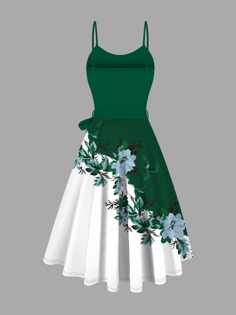 Elara Elegant 2-Piece Women’s Royal Green Cardigan Jacket & Floral Suspender Dress Set