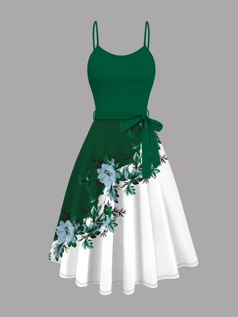 Elara Elegant 2-Piece Women’s Royal Green Cardigan Jacket & Floral Suspender Dress Set