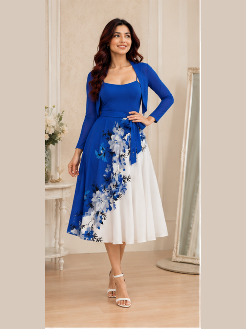 Elara Elegant 2-Piece Women’s Royal Blue Cardigan Jacket & Floral Suspender Dress Set