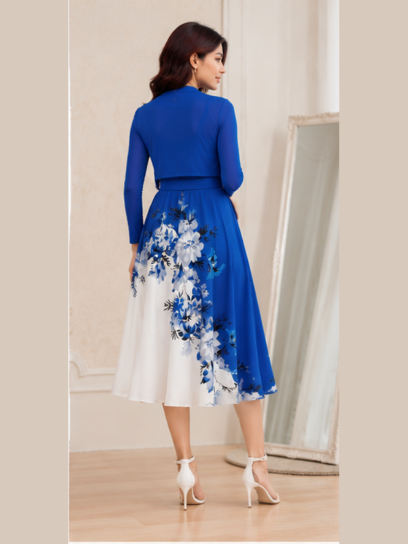 Elara Elegant 2-Piece Women’s Royal Blue Cardigan Jacket & Floral Suspender Dress Set