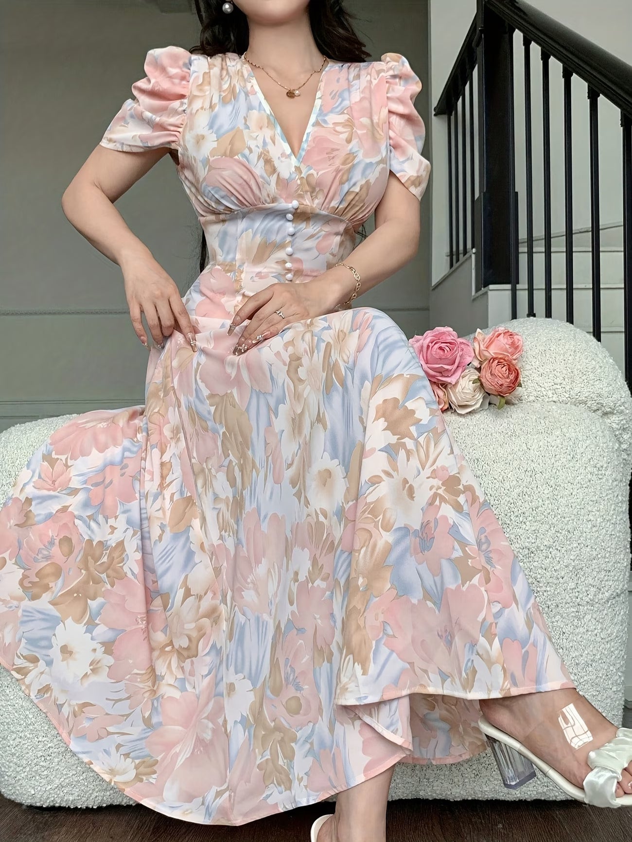 Elara Women's Pink Floral V-Neck Puff Sleeve A-Line Maxi Dress