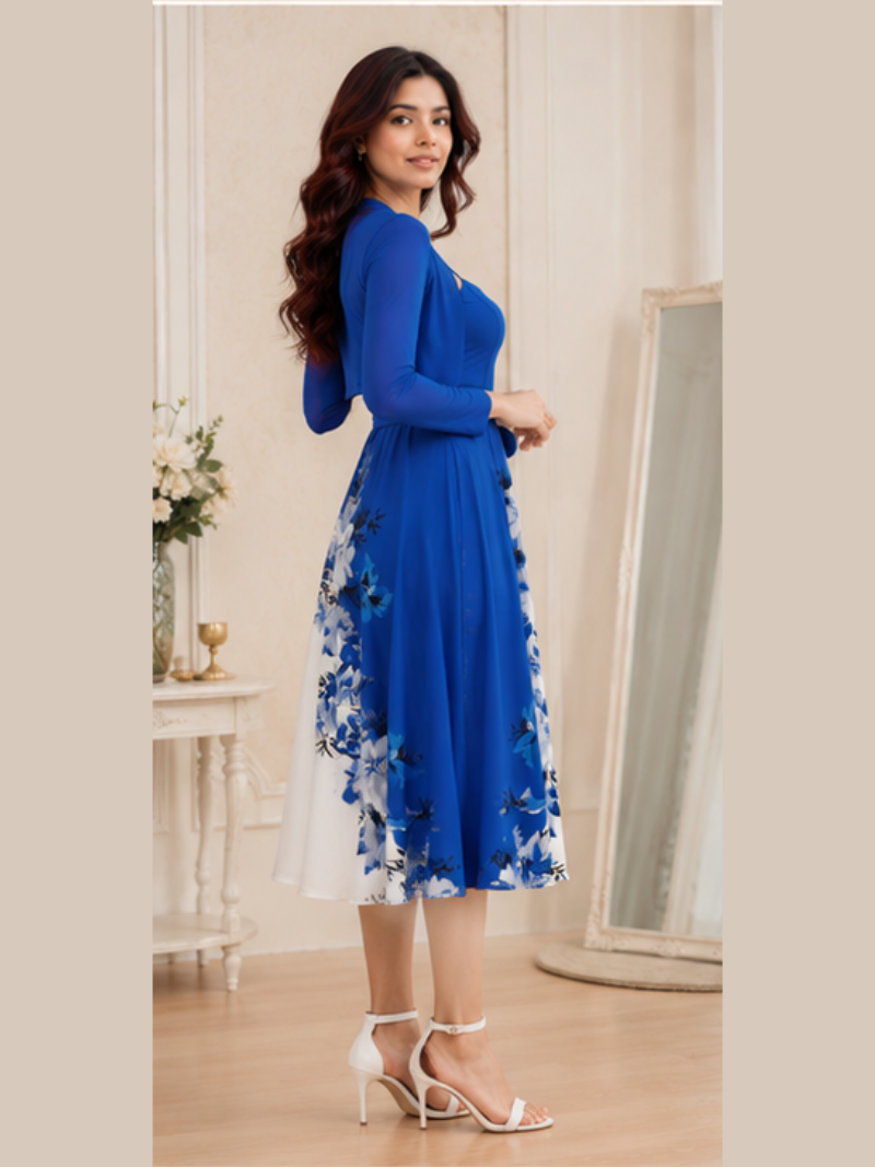 Elara Elegant 2-Piece Women’s Royal Blue Cardigan Jacket & Floral Suspender Dress Set