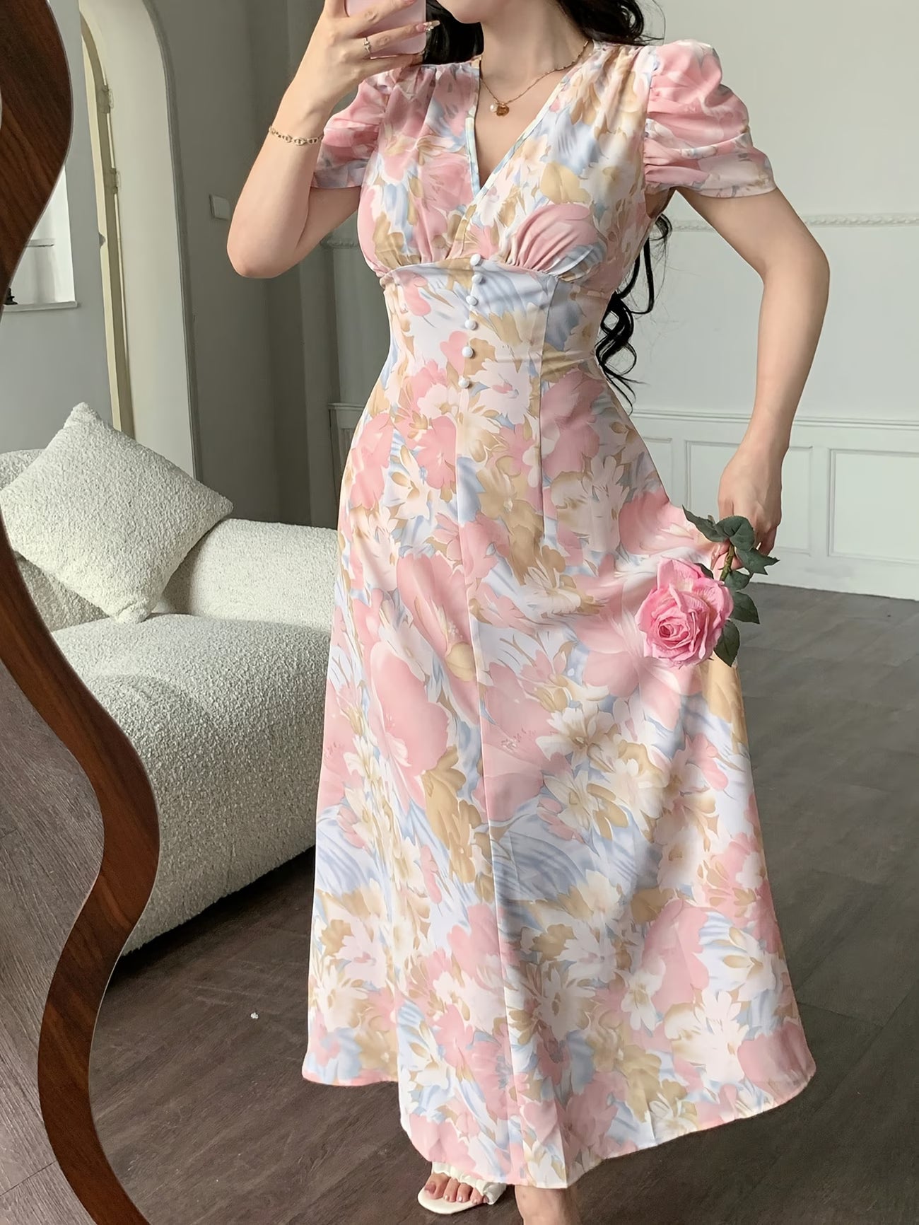 Elara Women's Pink Floral V-Neck Puff Sleeve A-Line Maxi Dress