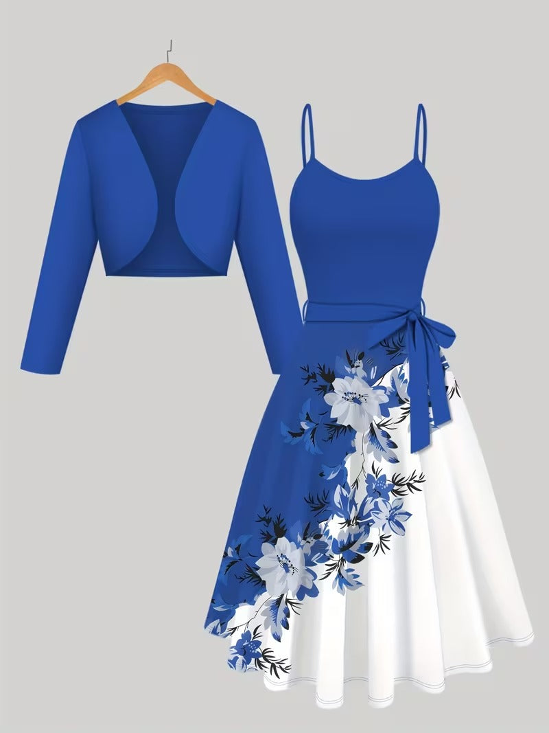 Elara Elegant 2-Piece Women’s Royal Blue Cardigan Jacket & Floral Suspender Dress Set
