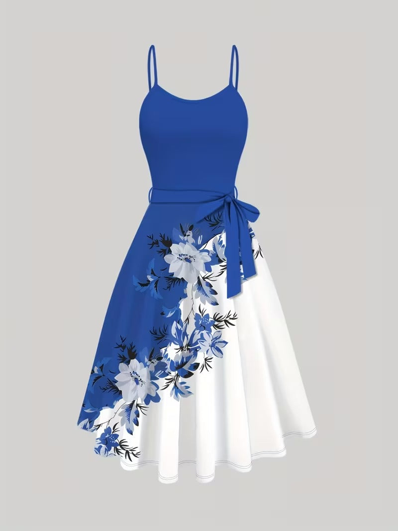 Elara Elegant 2-Piece Women’s Royal Blue Cardigan Jacket & Floral Suspender Dress Set