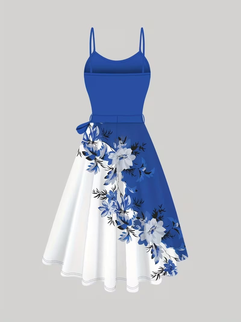 Elara Elegant 2-Piece Women’s Royal Blue Cardigan Jacket & Floral Suspender Dress Set