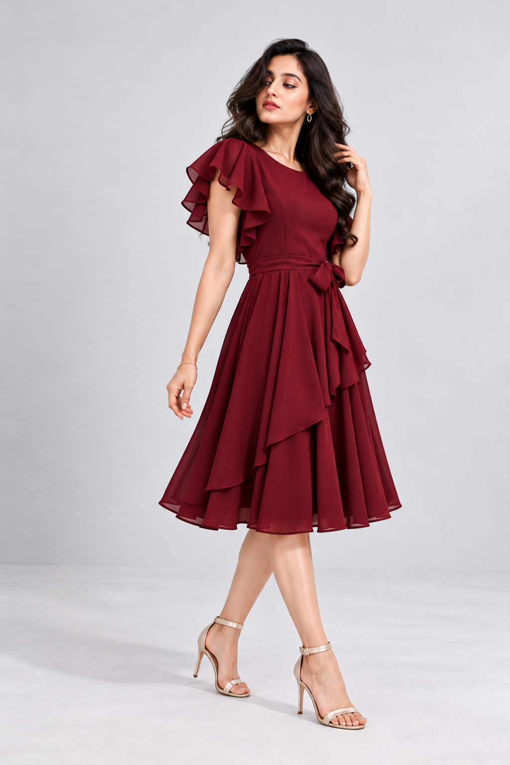Elara Elegant 1-Piece Women’s Tiered Flare A-Line Midi Dress (Wine Color)