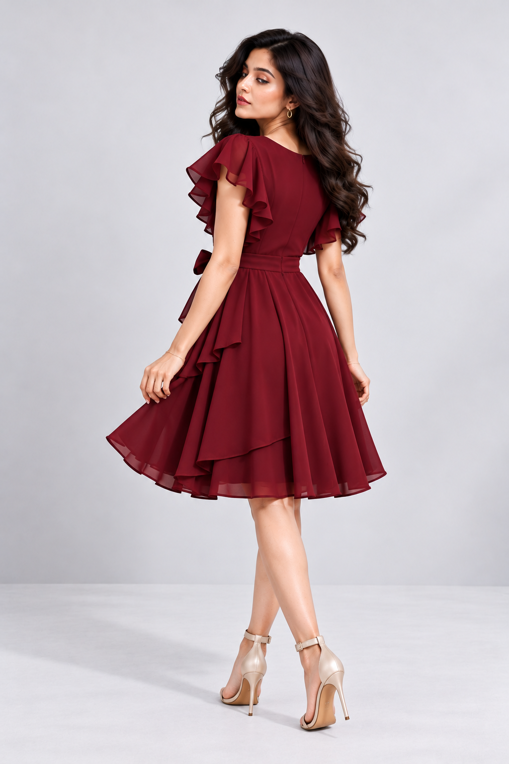 Elara Elegant 1-Piece Women’s Tiered Flare A-Line Midi Dress (Wine Color)