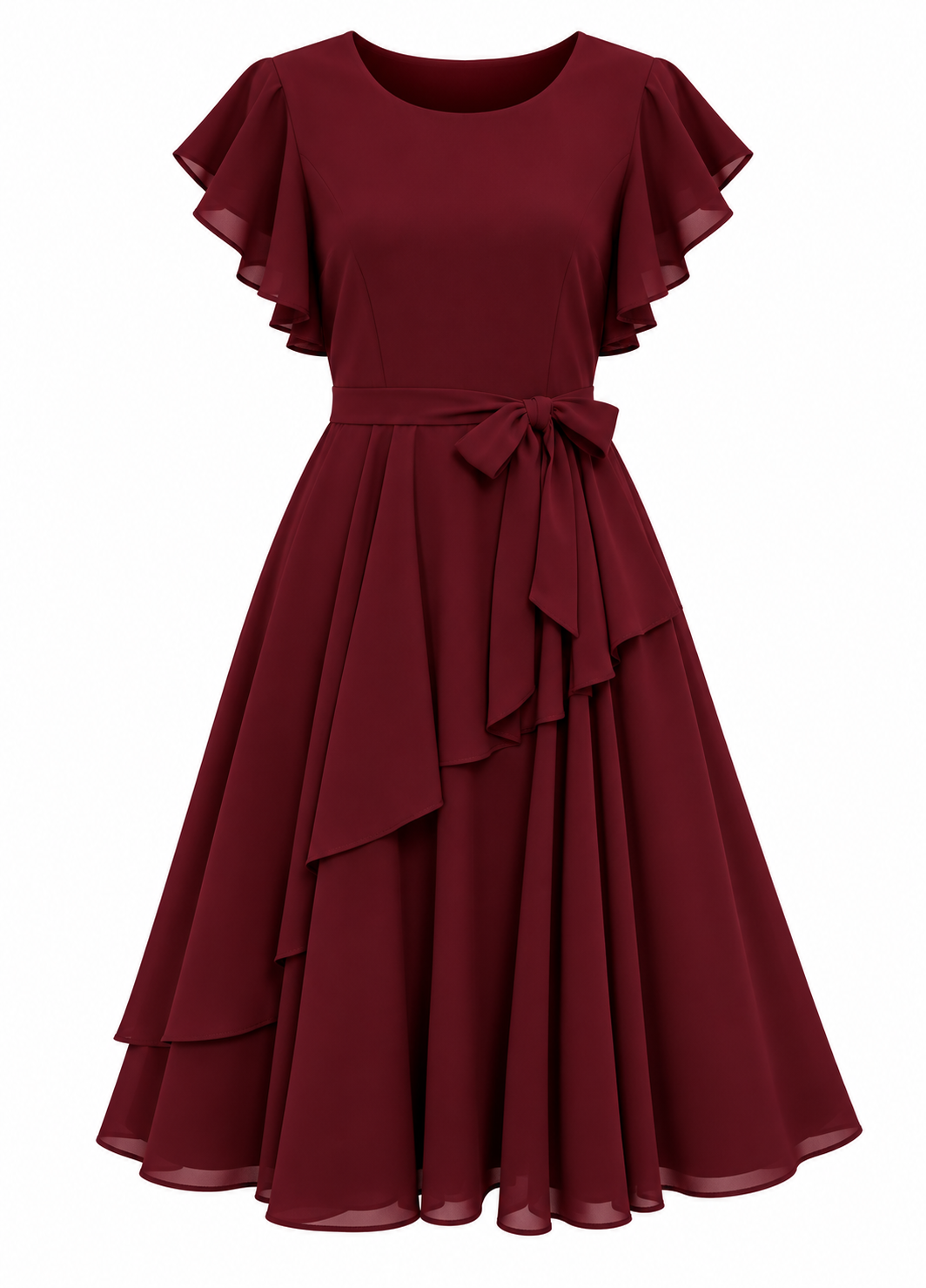 Elara Elegant 1-Piece Women’s Tiered Flare A-Line Midi Dress (Wine Color)