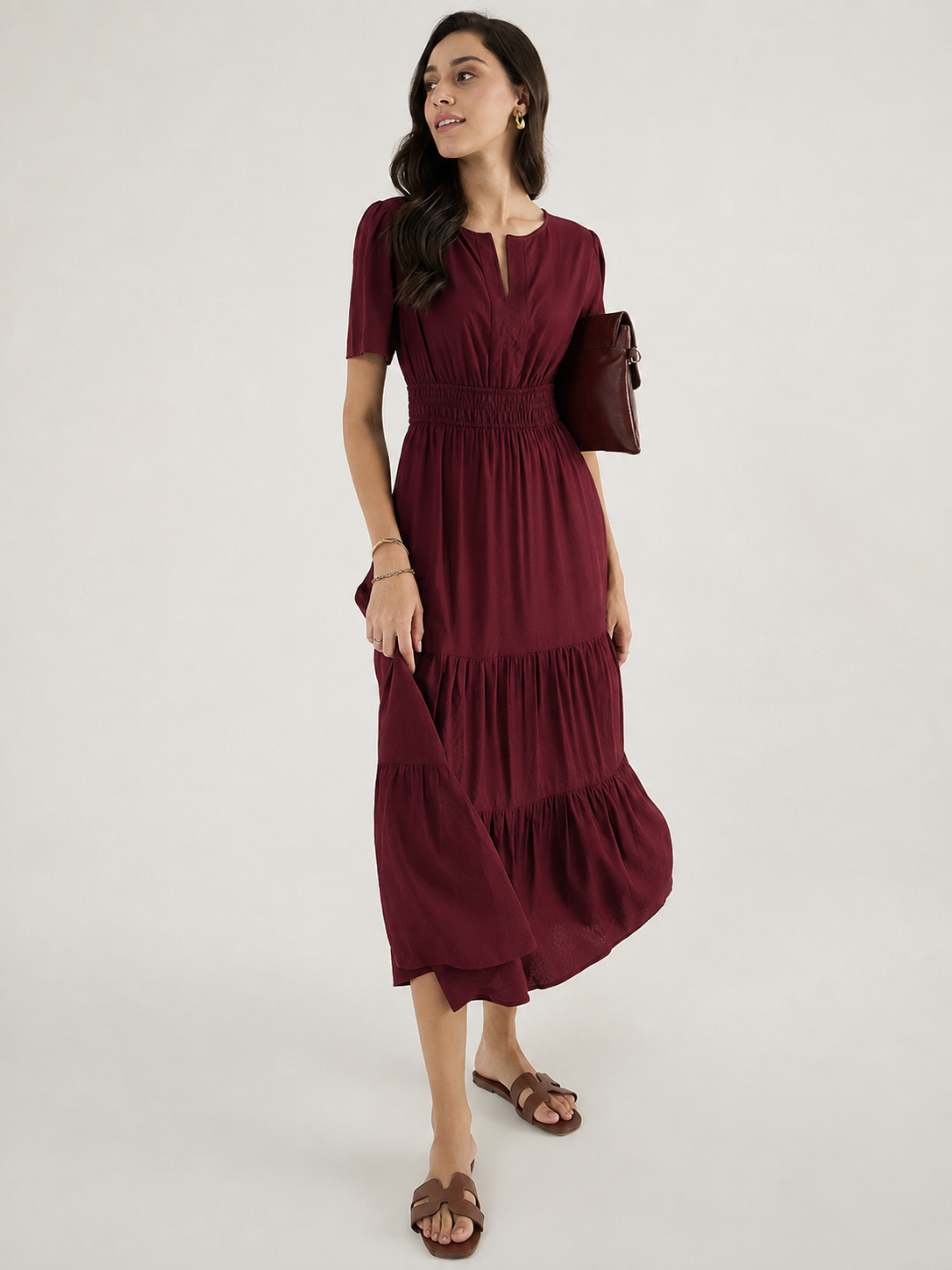 Aurelia Wine Burgundy Tiered Flare Midi Dress