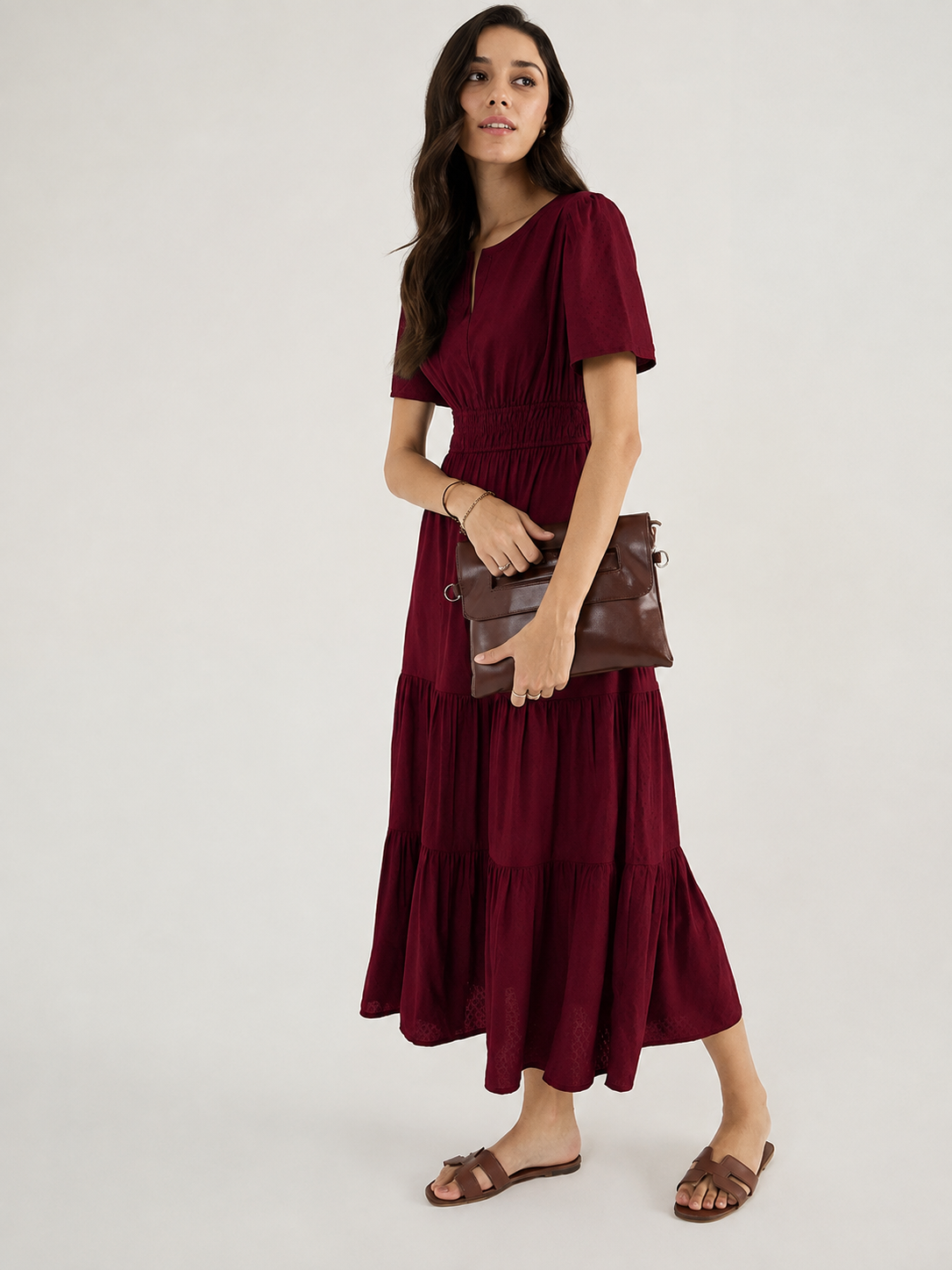Aurelia Wine Burgundy Tiered Flare Midi Dress