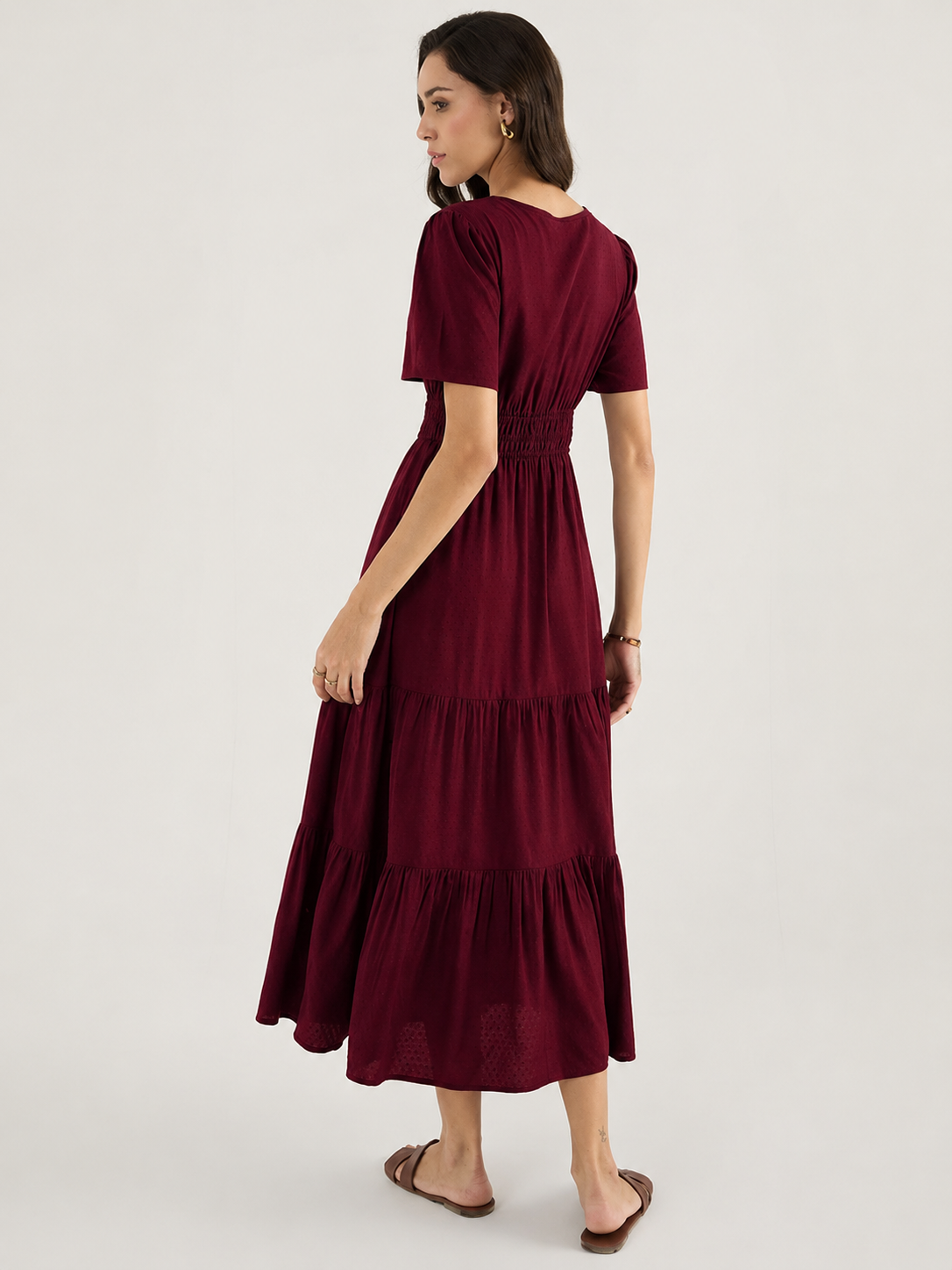 Aurelia Wine Burgundy Tiered Flare Midi Dress
