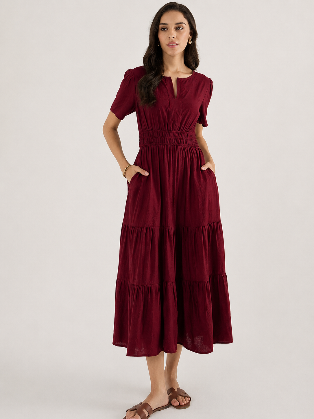 Aurelia Wine Burgundy Tiered Flare Midi Dress