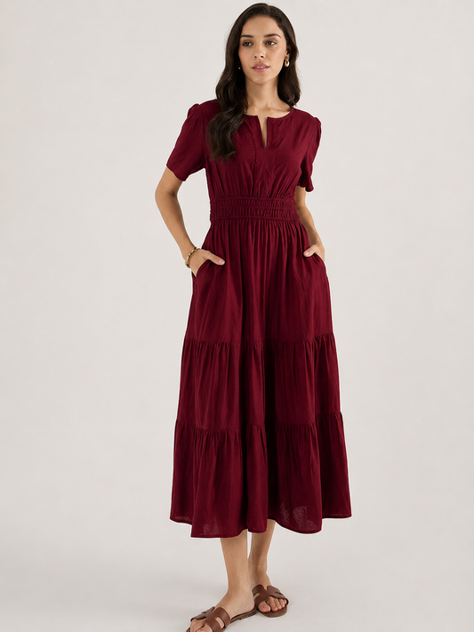 Aurelia Wine Burgundy Tiered Flare Midi Dress