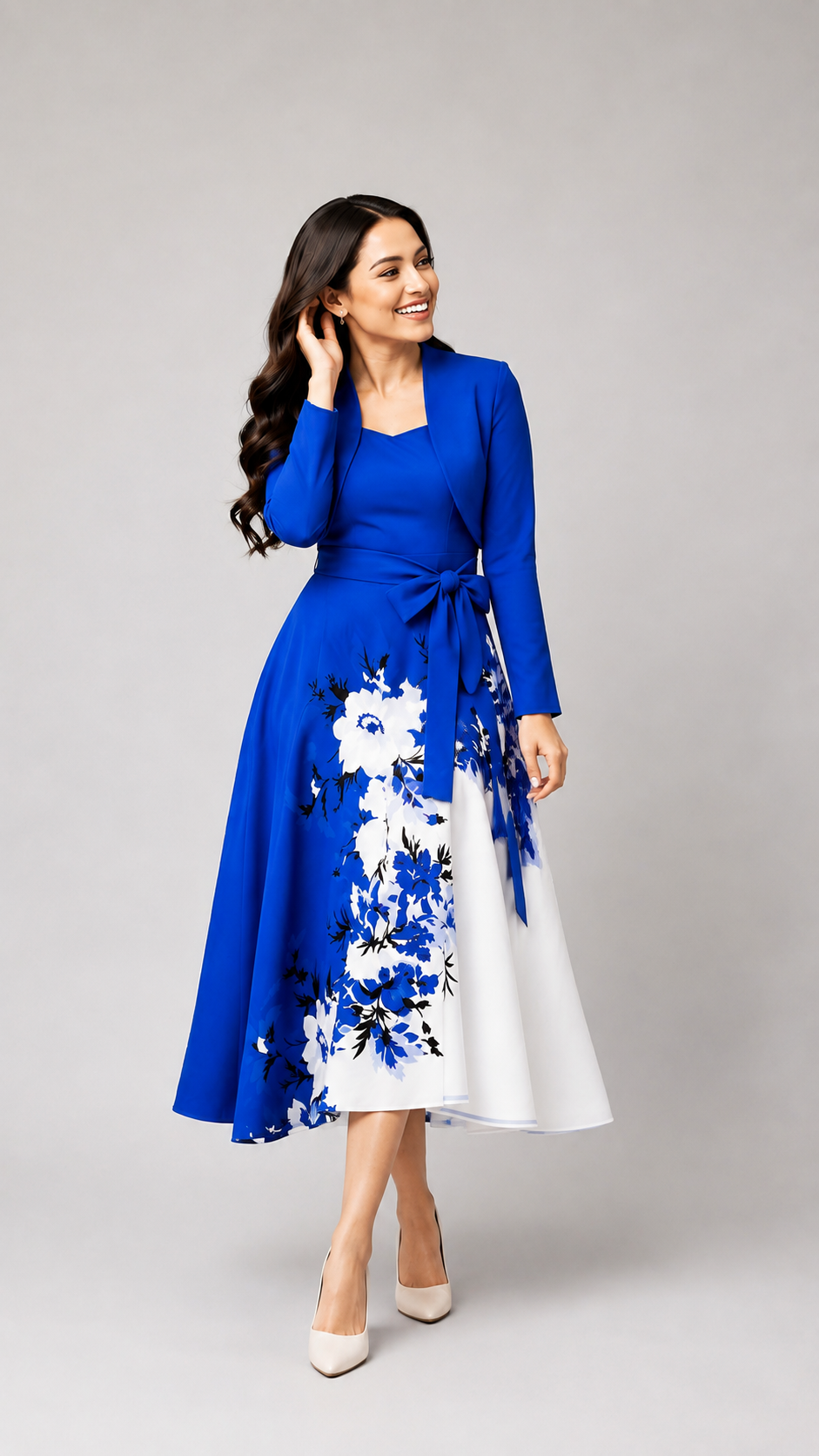 Elara Elegant 2-Piece Women’s Royal Blue Cardigan Jacket & Floral Suspender Dress Set