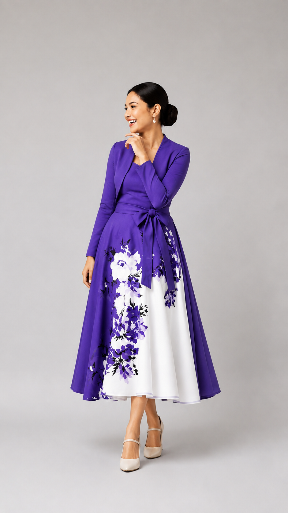 Elara Elegant 2-Piece Women’s Royal Purple Cardigan Jacket & Floral Suspender Dress Set