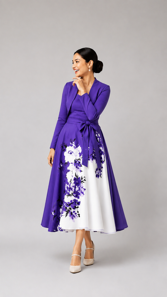 Elara Elegant 2-Piece Women’s Royal Purple Cardigan Jacket & Floral Suspender Dress Set