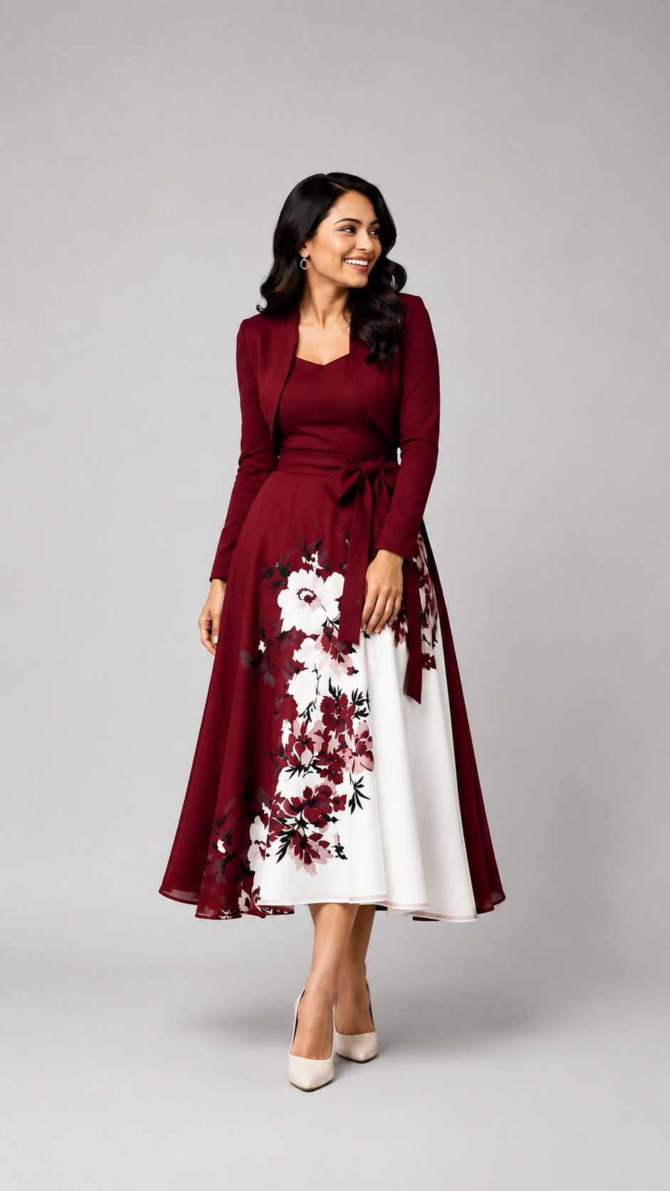 Elara Elegant 2-Piece Women’s Maroon Cardigan Jacket & Floral Suspender Dress Set