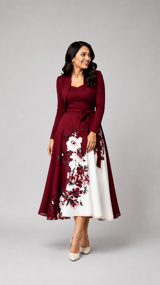Elara Elegant 2-Piece Women’s Maroon Cardigan Jacket & Floral Suspender Dress Set