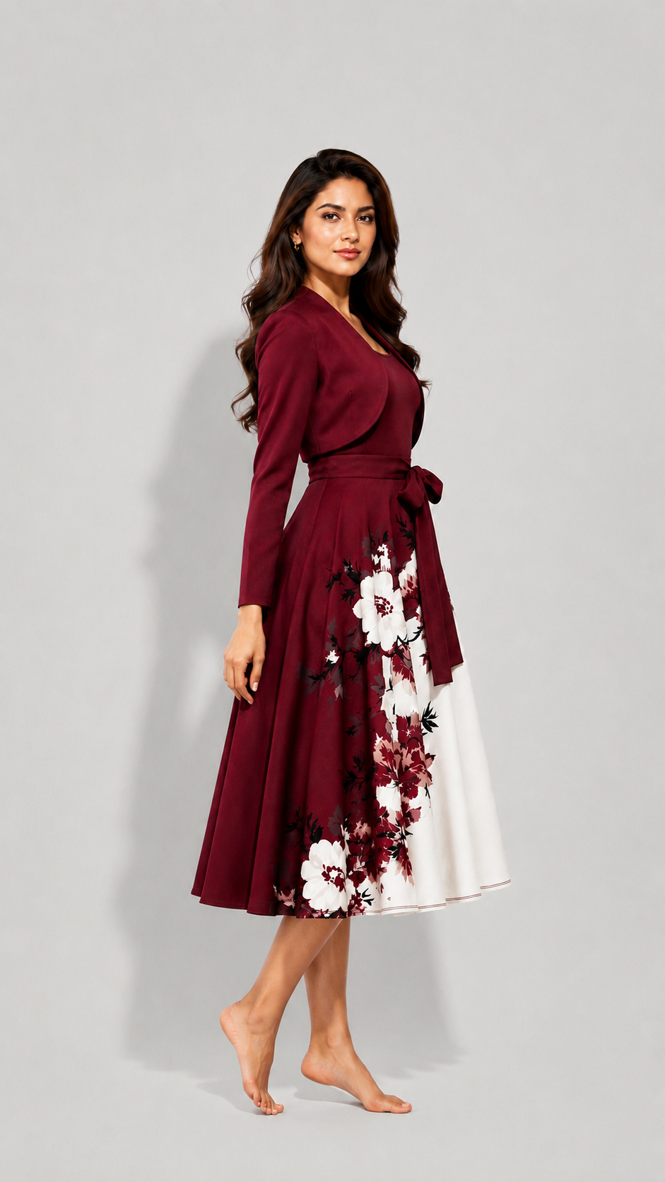 Elara Elegant 2-Piece Women’s Maroon Cardigan Jacket & Floral Suspender Dress Set