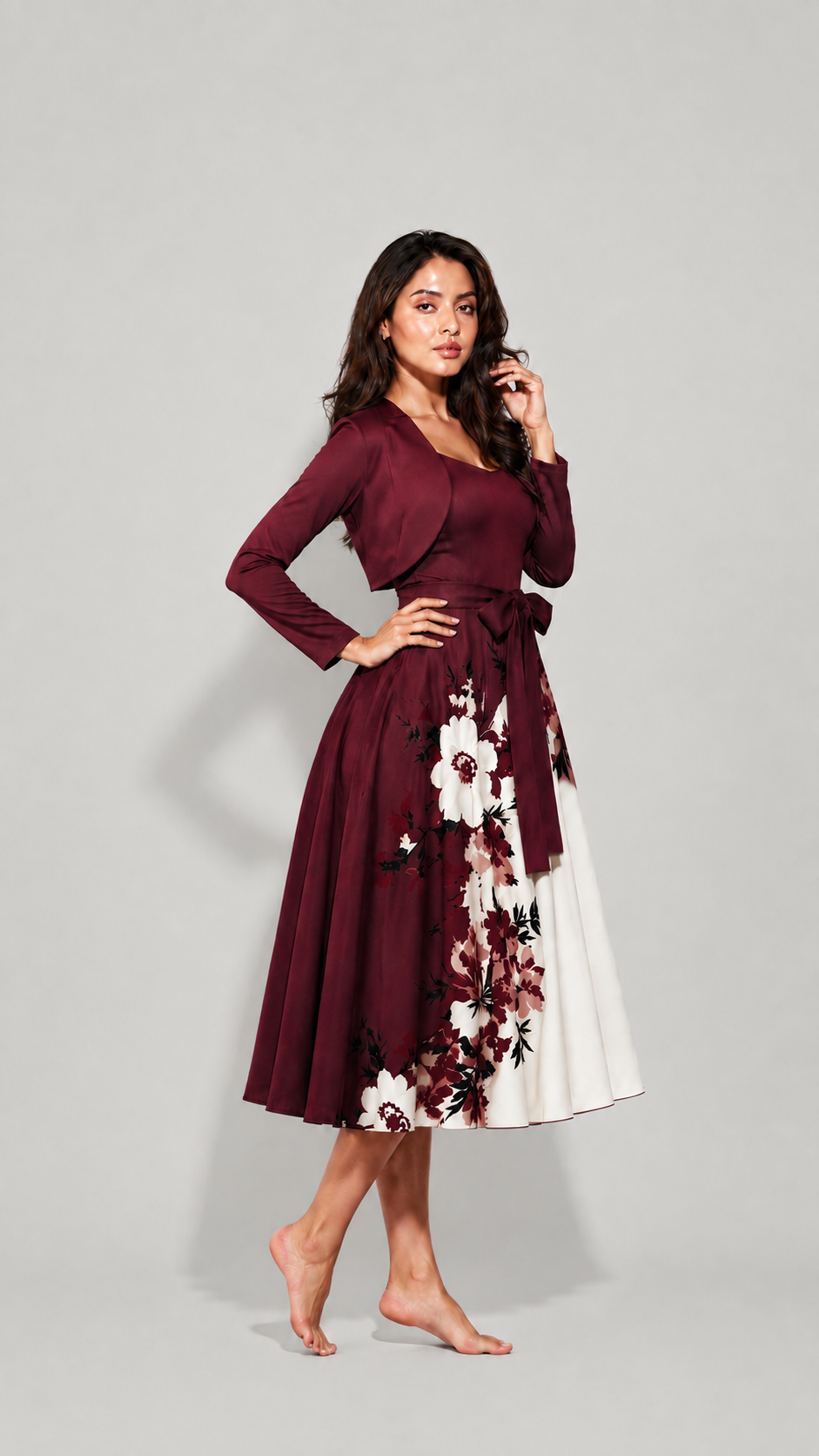 Elara Elegant 2-Piece Women’s Maroon Cardigan Jacket & Floral Suspender Dress Set