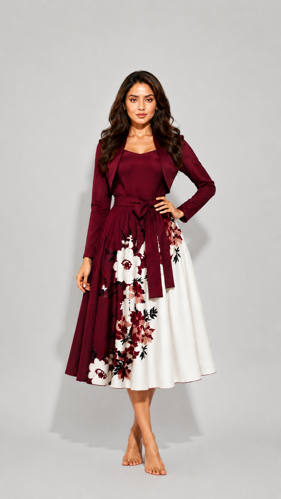 Elara Elegant 2-Piece Women’s Maroon Cardigan Jacket & Floral Suspender Dress Set
