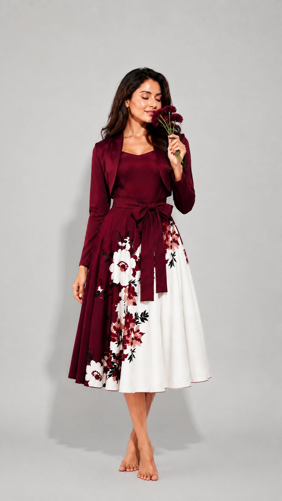 Elara Elegant 2-Piece Women’s Maroon Cardigan Jacket & Floral Suspender Dress Set