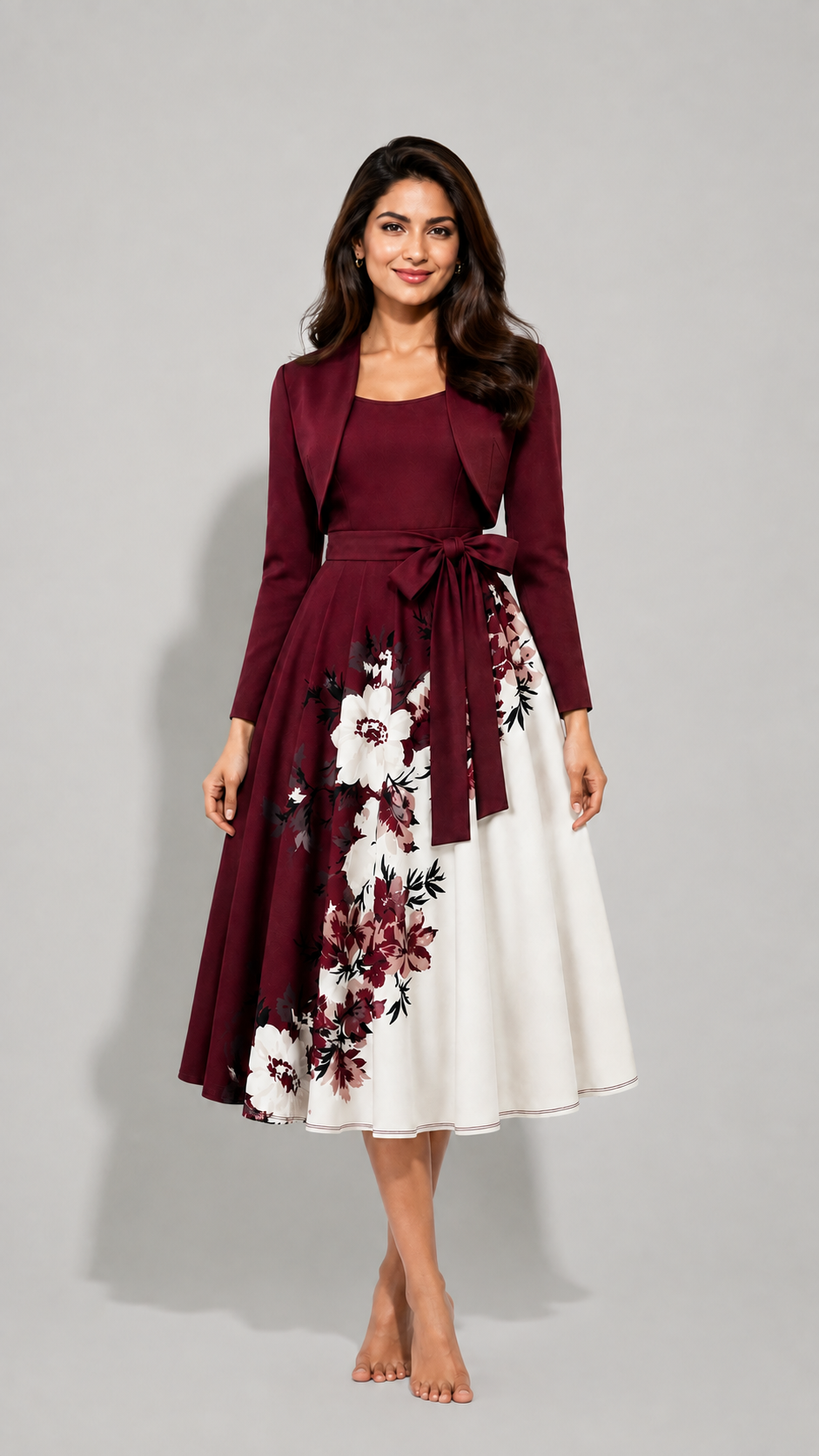 Elara Elegant 2-Piece Women’s Maroon Cardigan Jacket & Floral Suspender Dress Set