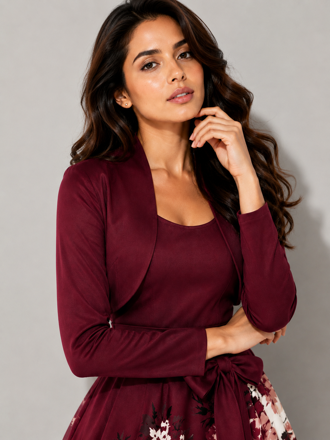 Elara Elegant 2-Piece Women’s Maroon Cardigan Jacket & Floral Suspender Dress Set