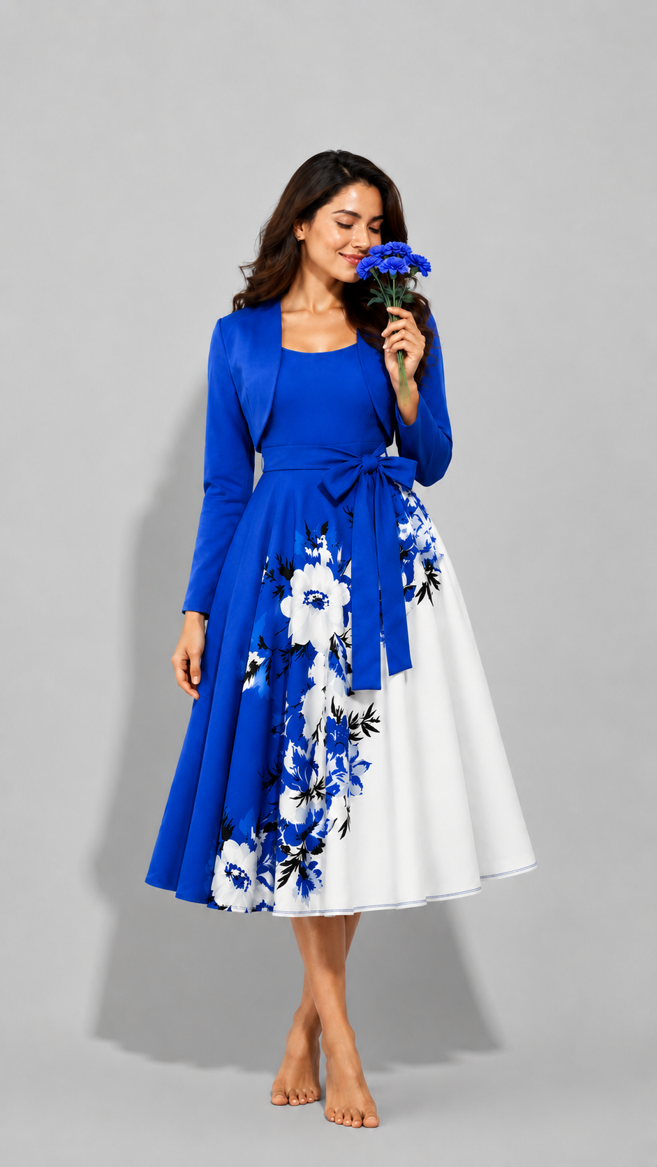 Elara Elegant 2-Piece Women’s Royal Blue Cardigan Jacket & Floral Suspender Dress Set
