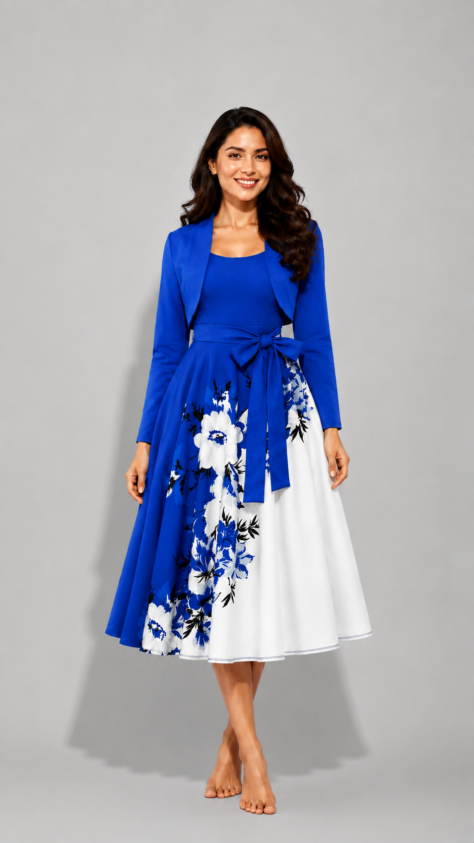 Elara Elegant 2-Piece Women’s Royal Blue Cardigan Jacket & Floral Suspender Dress Set