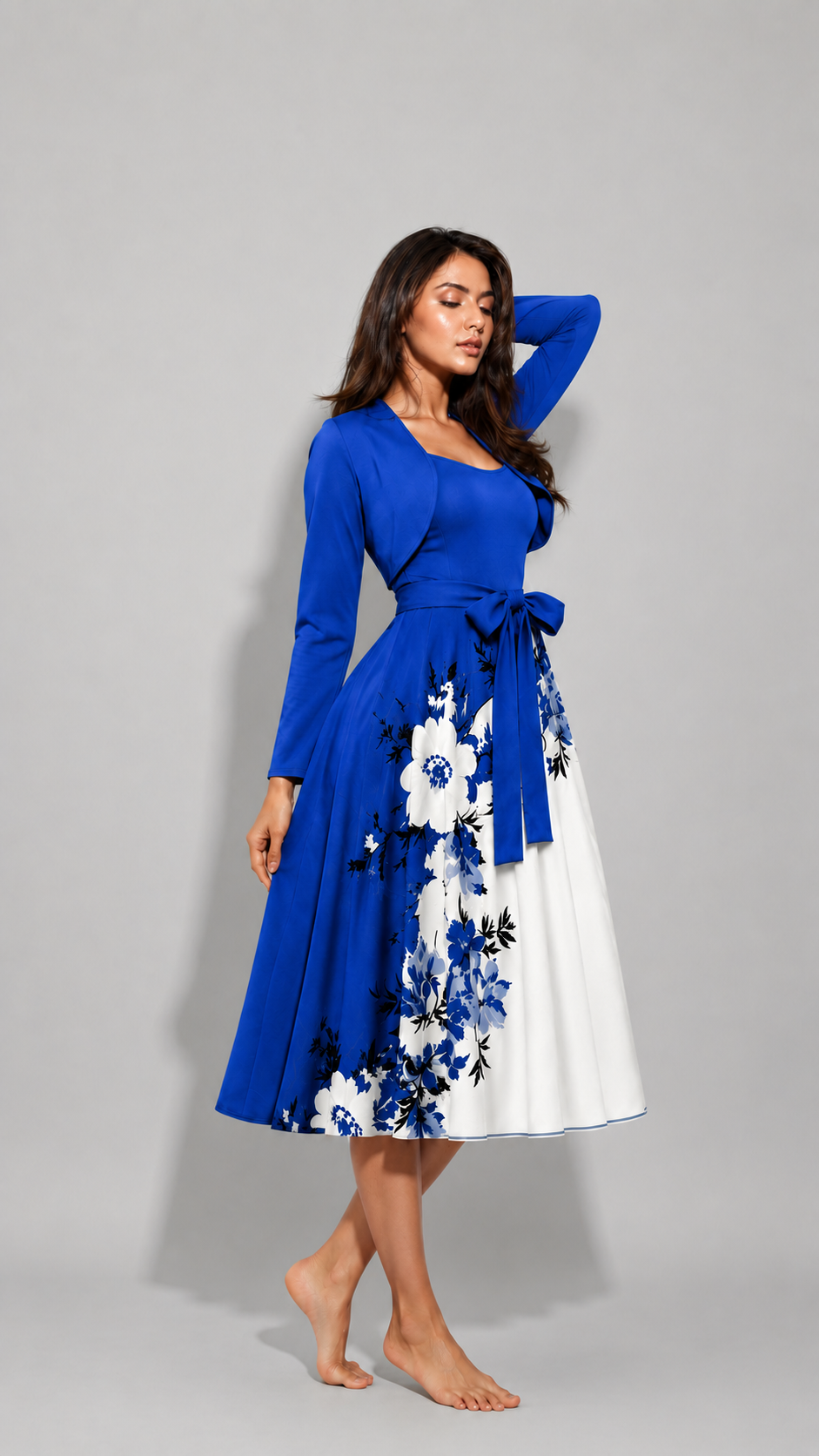 Elara Elegant 2-Piece Women’s Royal Blue Cardigan Jacket & Floral Suspender Dress Set