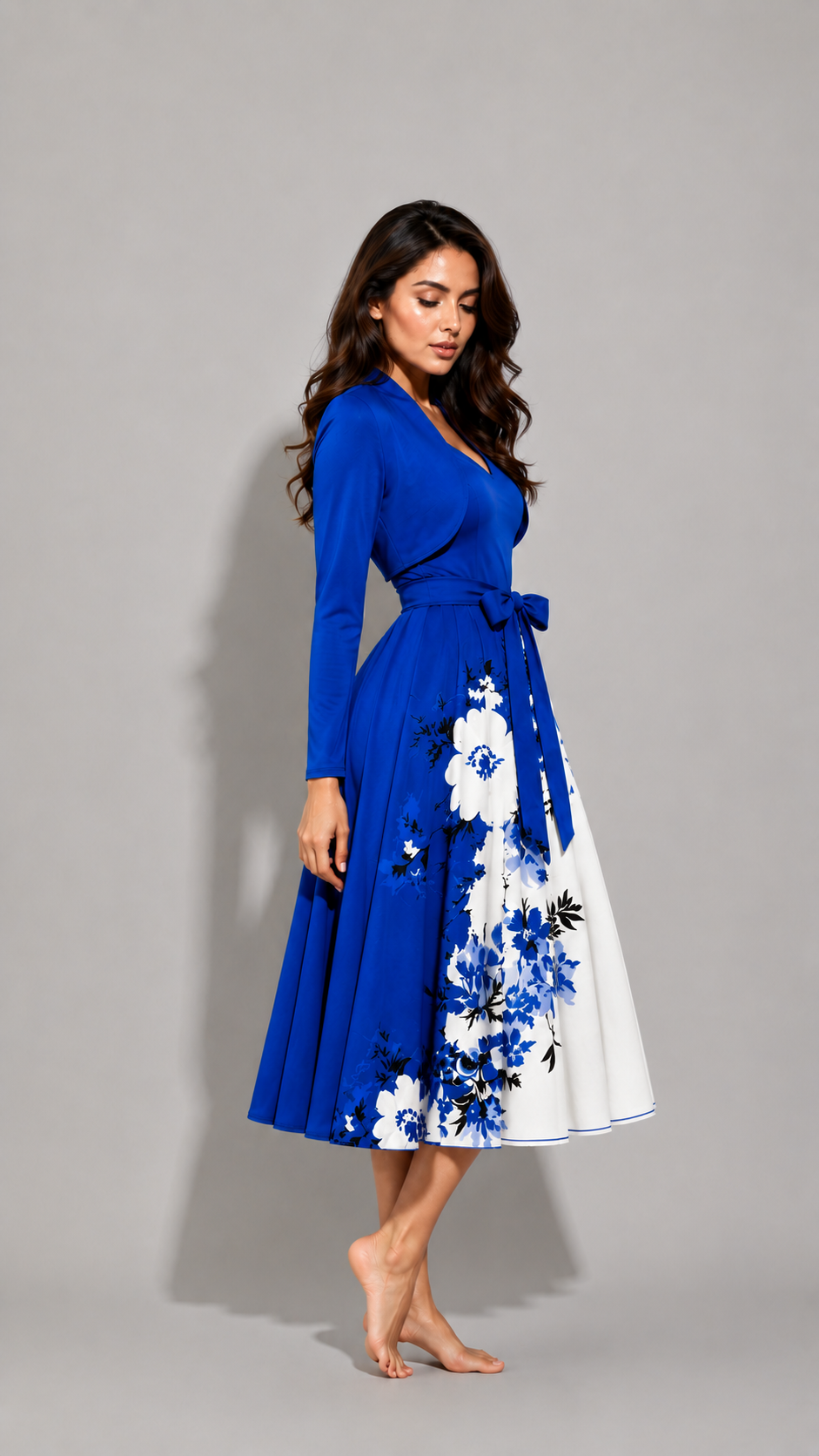 Elara Elegant 2-Piece Women’s Royal Blue Cardigan Jacket & Floral Suspender Dress Set