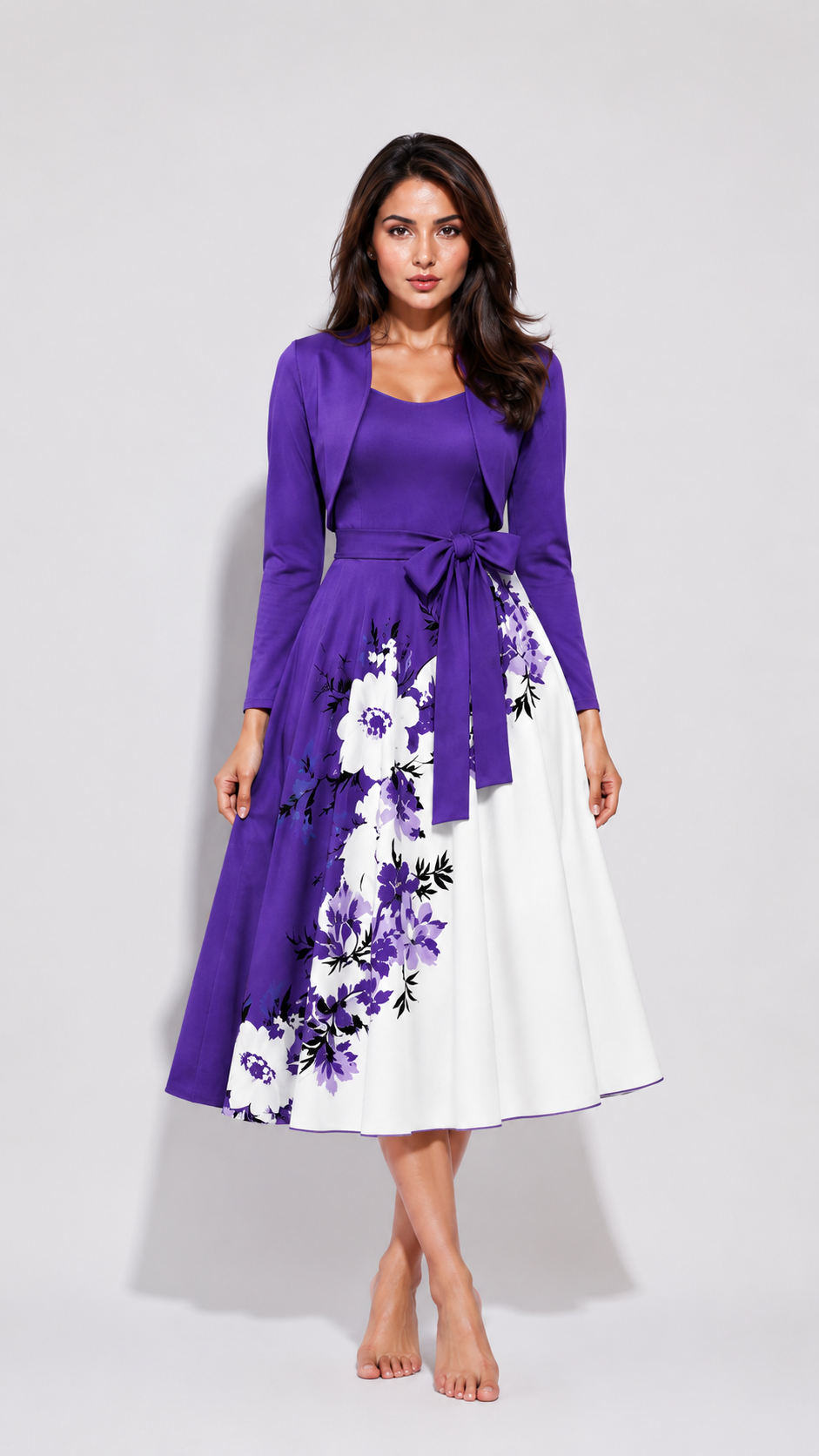Elara Elegant 2-Piece Women’s Royal Purple Cardigan Jacket & Floral Suspender Dress Set