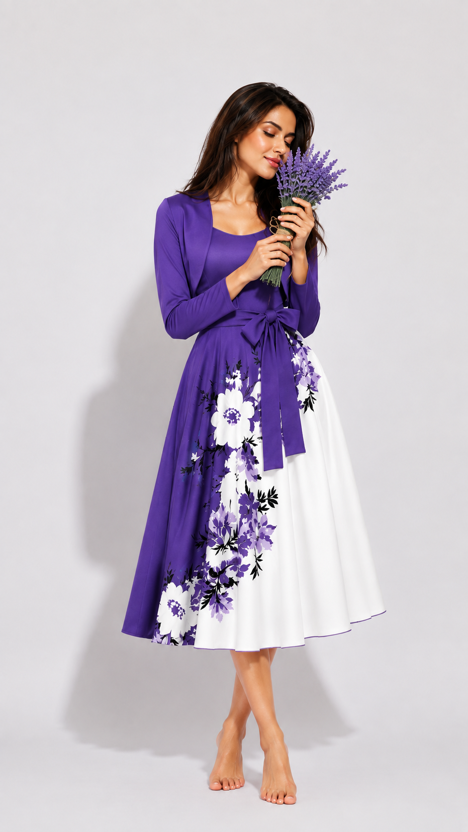 Elara Elegant 2-Piece Women’s Royal Purple Cardigan Jacket & Floral Suspender Dress Set