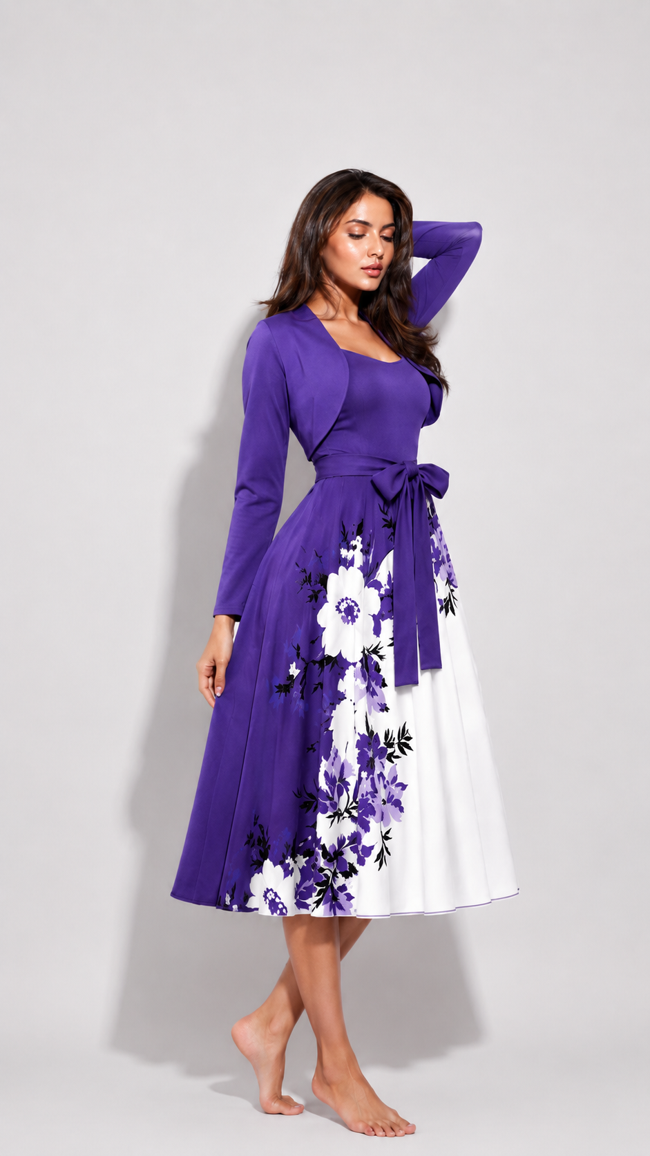 Elara Elegant 2-Piece Women’s Royal Purple Cardigan Jacket & Floral Suspender Dress Set
