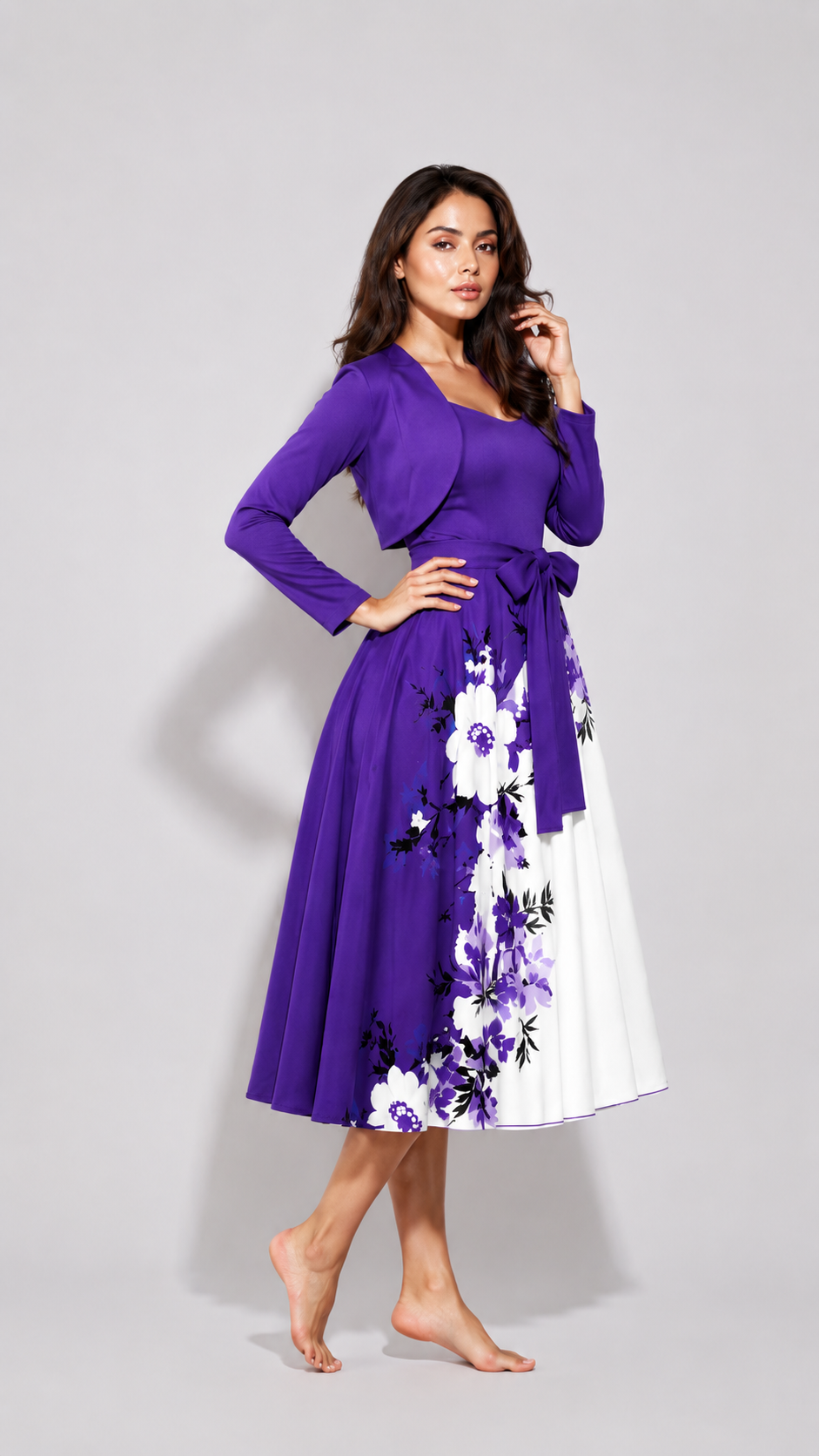 Elara Elegant 2-Piece Women’s Royal Purple Cardigan Jacket & Floral Suspender Dress Set