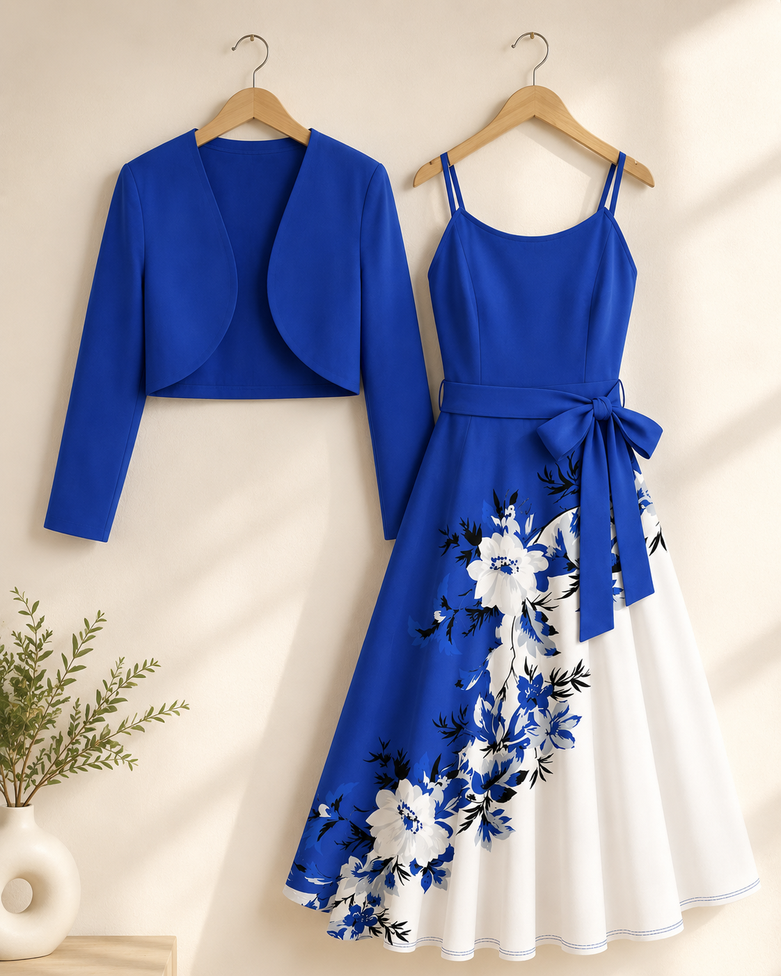 Elara Elegant 2-Piece Women’s Royal Blue Cardigan Jacket & Floral Suspender Dress Set