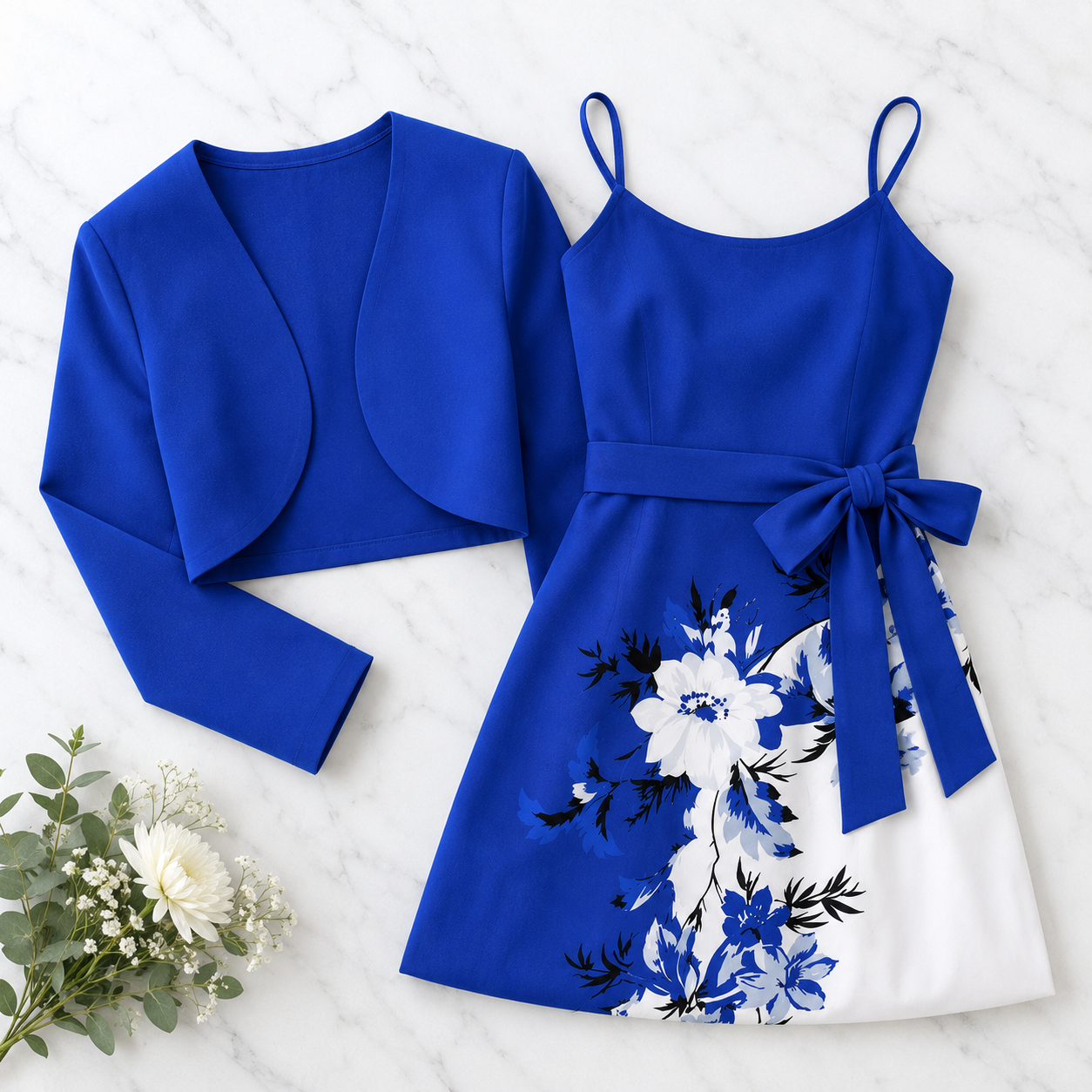 Elara Elegant 2-Piece Women’s Royal Blue Cardigan Jacket & Floral Suspender Dress Set