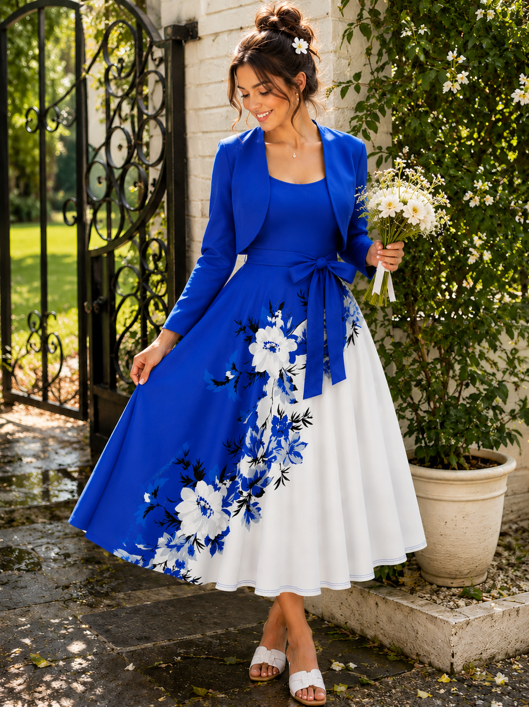 Elara Elegant 2-Piece Women’s Royal Blue Cardigan Jacket & Floral Suspender Dress Set